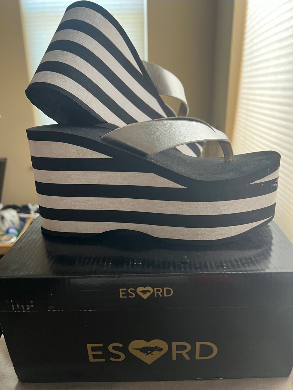 ES*RD Black and White Striped Silver Thong Wedge Platform Sky High Flip Flop 4"